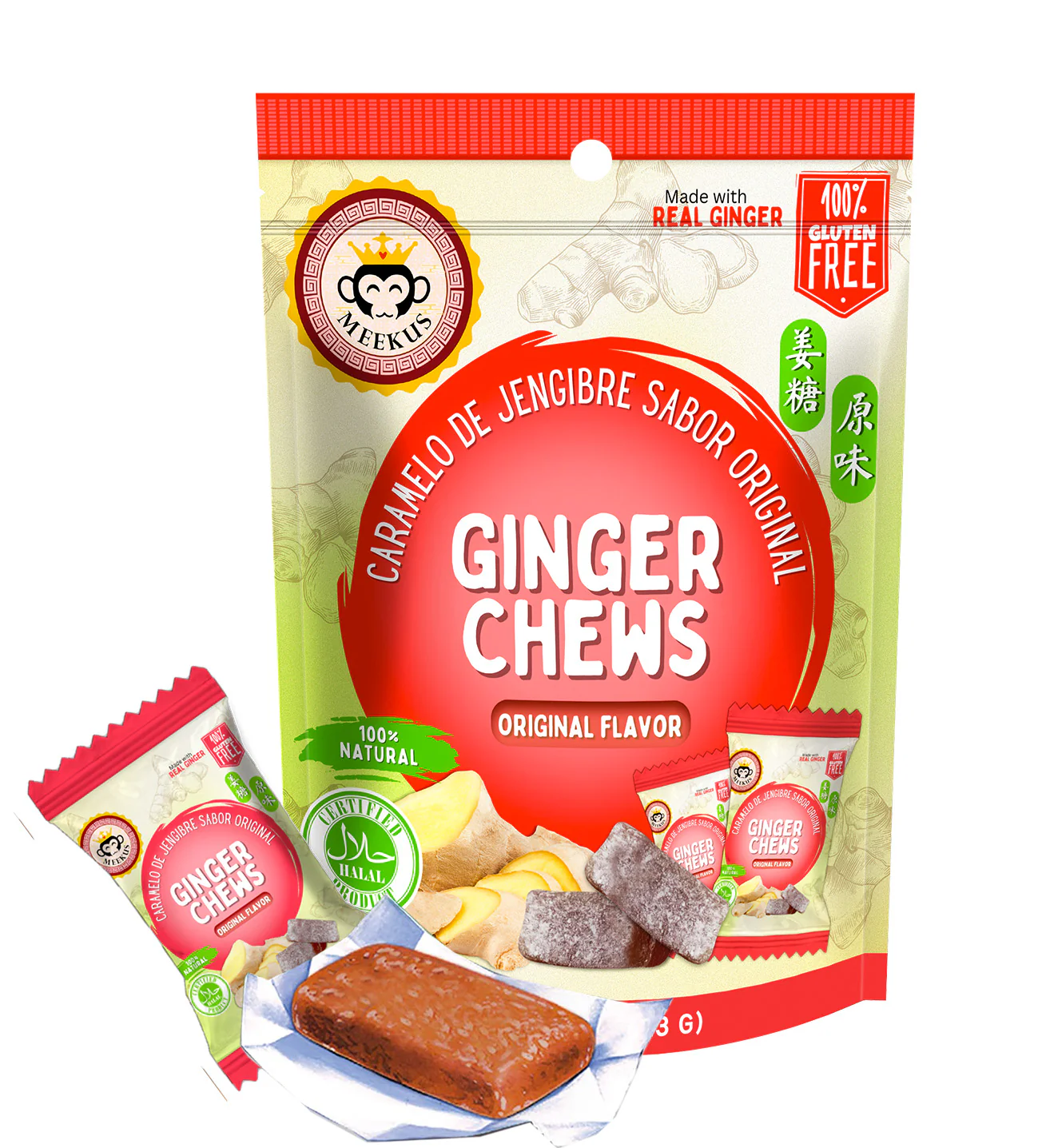 MEEKUS Ginger Candies Chews Original Flavor, Soft Chewy Candy 4 oz (113 g)