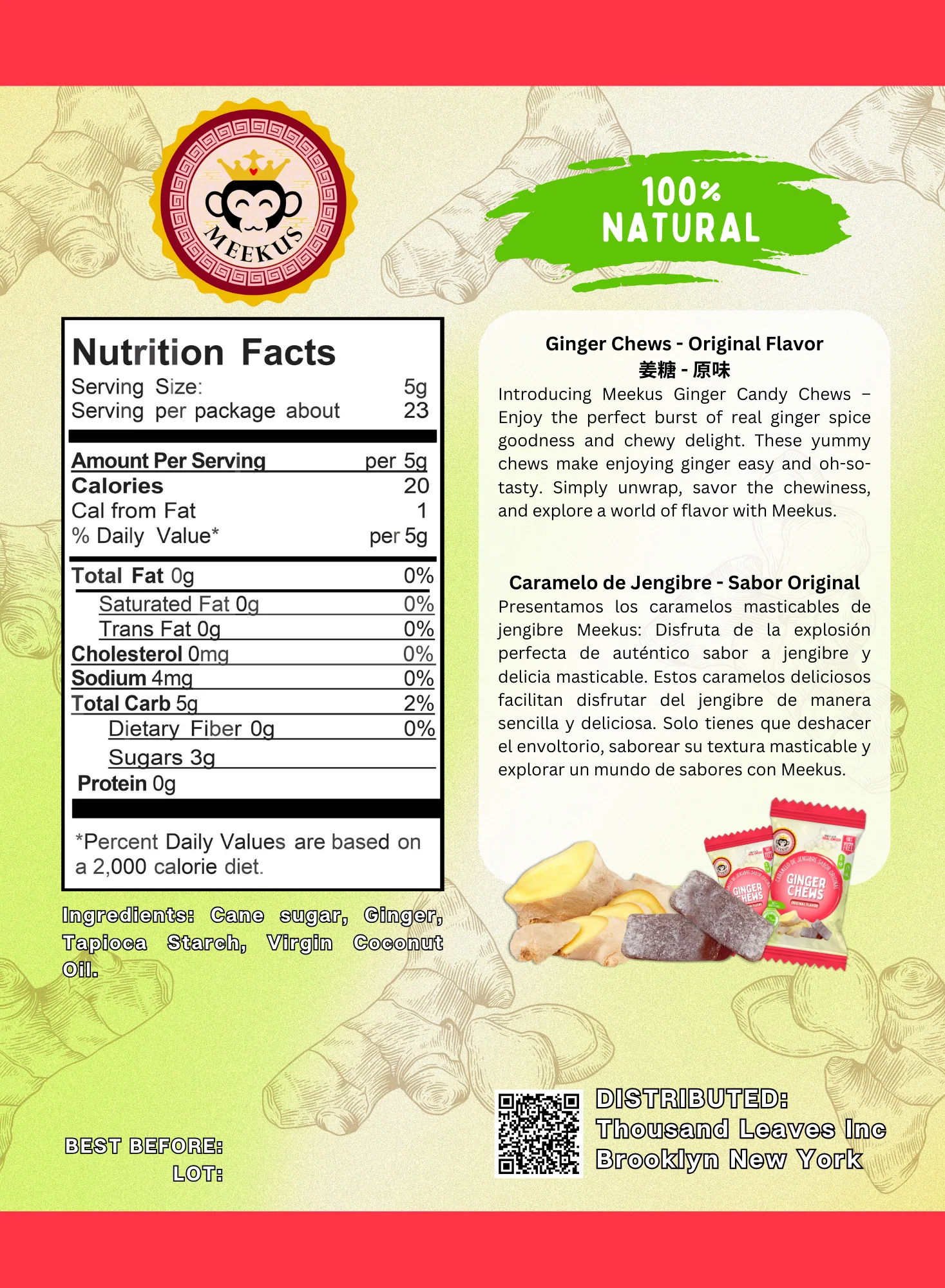 MEEKUS Ginger Candies Chews Original Flavor, Soft Chewy Candy 4 oz (113 g) - Image 2